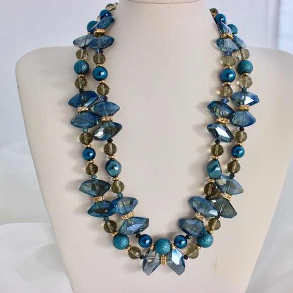 Royal Blue Crystals Pearls Statement Necklace Two Strand Sapphire Gold Rhineston - Picture 7 of 10